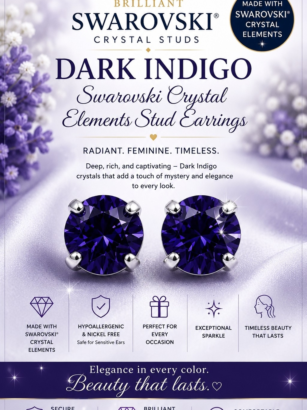Dark Indigo Crystal Stud Earrings - Deep Purple Sparkle